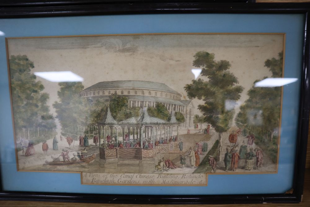 A near set of eight 18th century coloured engravings, Views of London and Paris, approximately 21 x 41cm